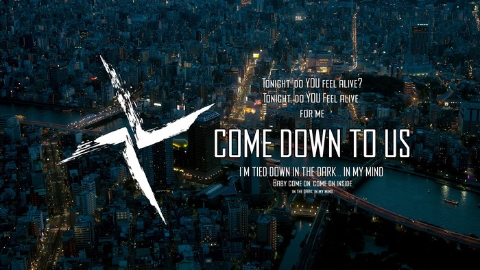 Come Down To Us by Burial with lyrics over cityscape