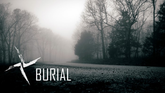 Burial music logo in misty forest