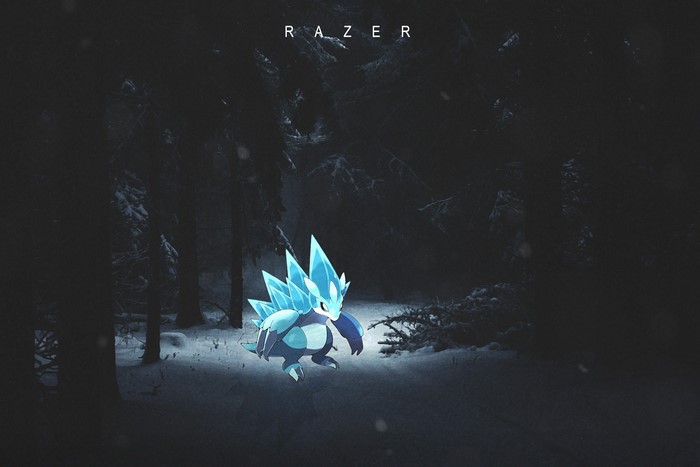 Razer logo and Ice Pokemon in snowy forest