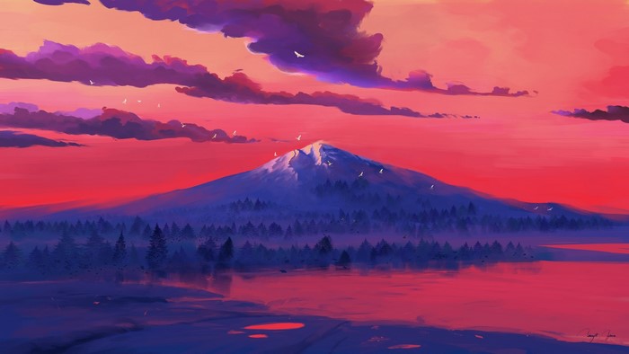 Digital painting of a snowy mountain at sunset with birds flying