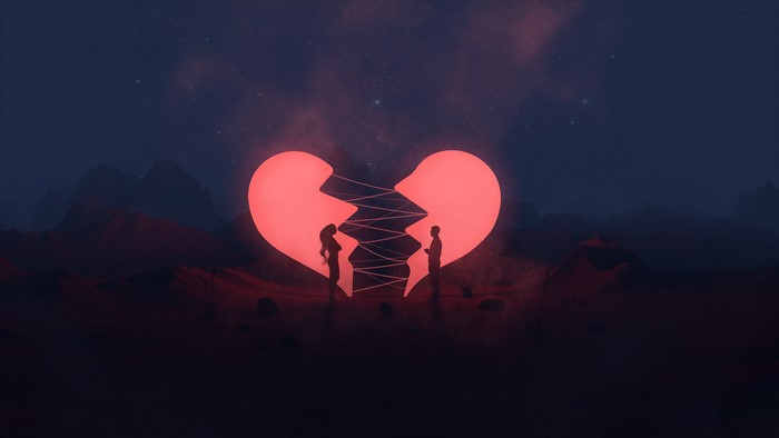 Broken Heart with Couple and Mountains at Night