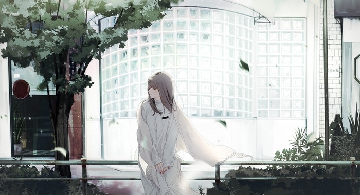 Anime girl in white clothing waiting in a city