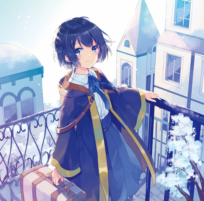 Anime girl with blue eyes and short blue hair holding a suitcase