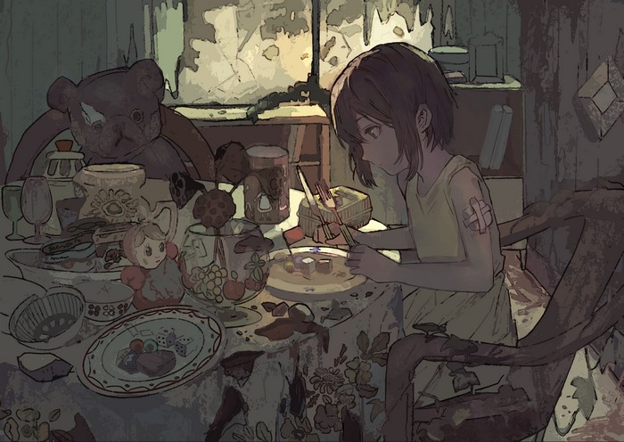 Anime girl eating at a table with toys