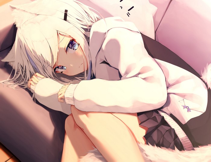 Anime fox girl with white hair and blue eyes