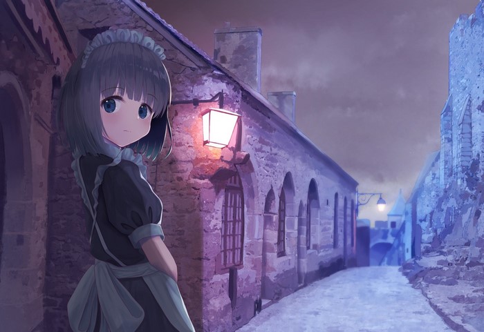 Anime girl in maid outfit on a cobblestone street at night