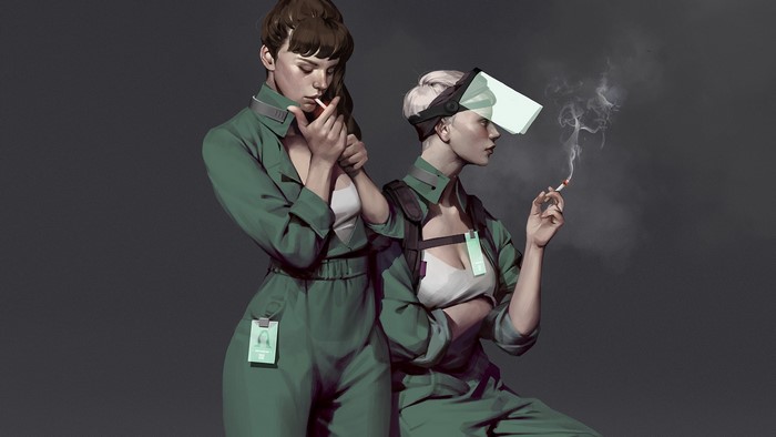 Two women in green jumpsuits smoking cigarettes