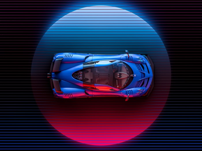 Blue Pagani Huayra on a neon grid background