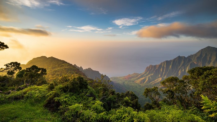 Kauai Landscape at Dawn with Ocean and Mountains