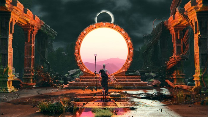 Fantasy Stargate with figure and solar eclipse
