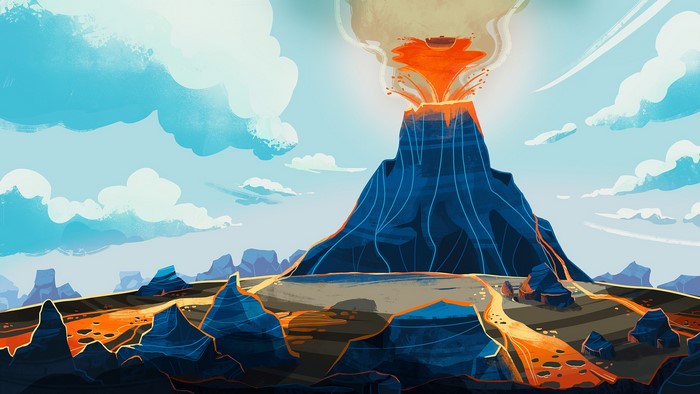 Volcanic eruption with lava flows and clouds