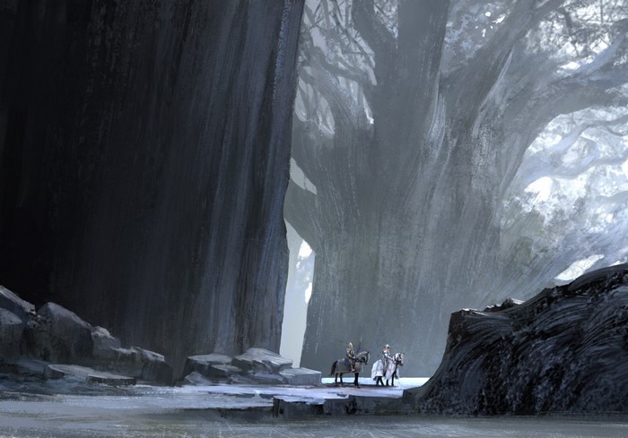 Two knights on horseback in a dark, misty forest with giant trees