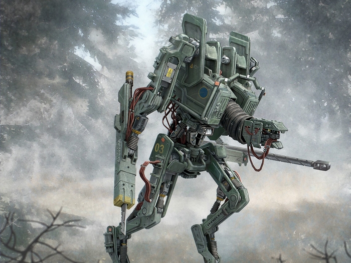 A green combat robot with a gun in a forest