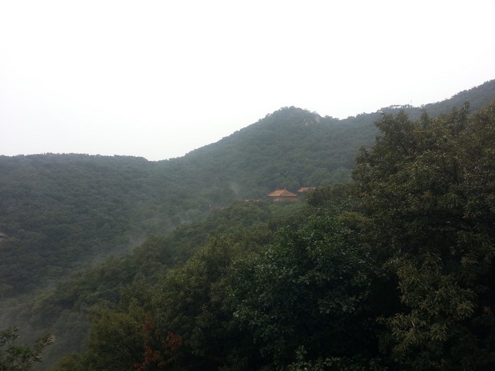 Misty mountains with traditional buildings nestled among trees