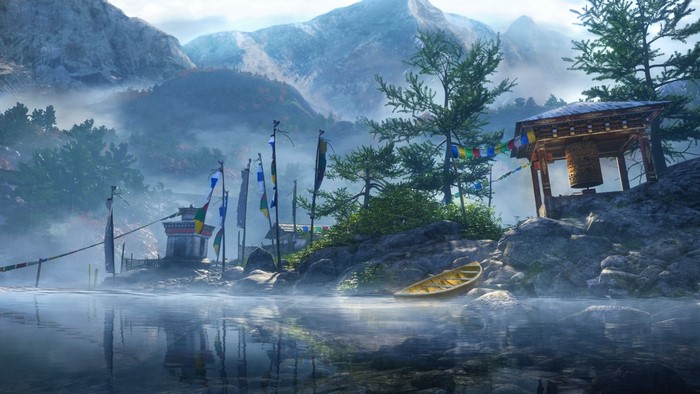 Far Cry 4 landscape with prayer flags and lake