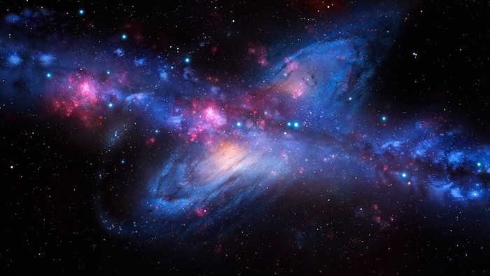 Digital art of two colliding galaxies in space
