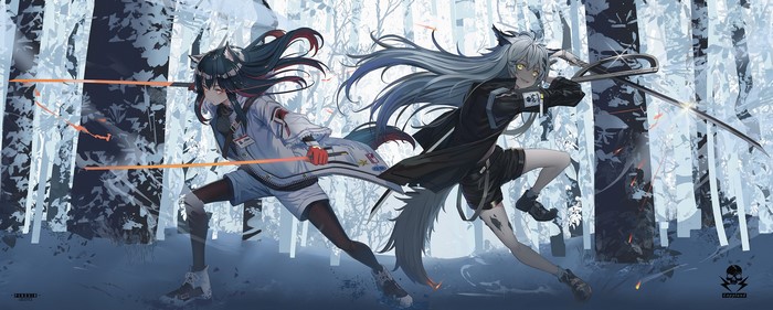 Texas and Lappland from Arknights in a snowy forest