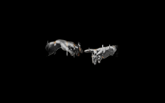 Distorted hands reaching out on black background