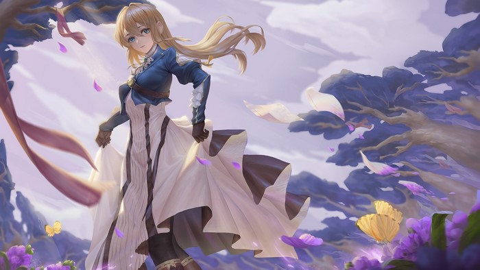Violet Evergarden in a flowing dress with butterflies