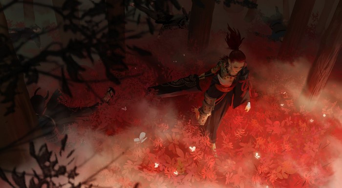 Woman with sword in a red forest