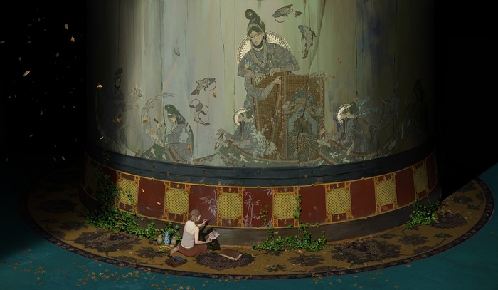 Woman painting on a cylindrical mural with Eastern motifs