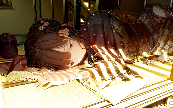 Anime girl in kimono lying down with sunlight