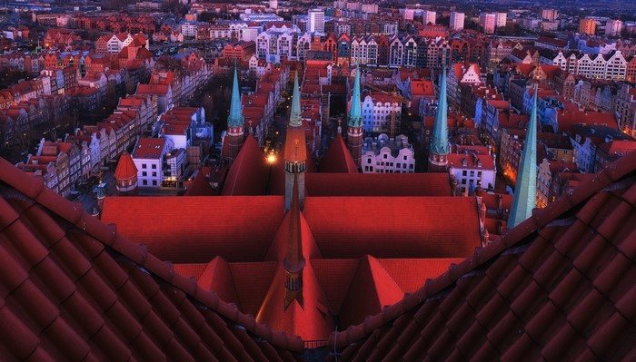 Aerial view of Gdańsk rooftops at dusk