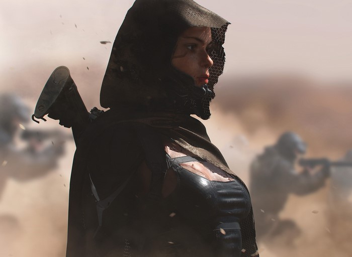 Woman in futuristic armor with a rifle in a desert