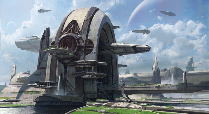 Futuristic city with spaceships and large structures