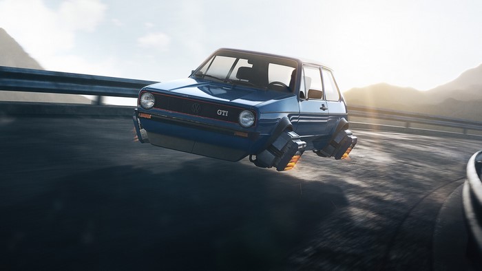 Blue Volkswagen Golf Mk1 GTI flying car