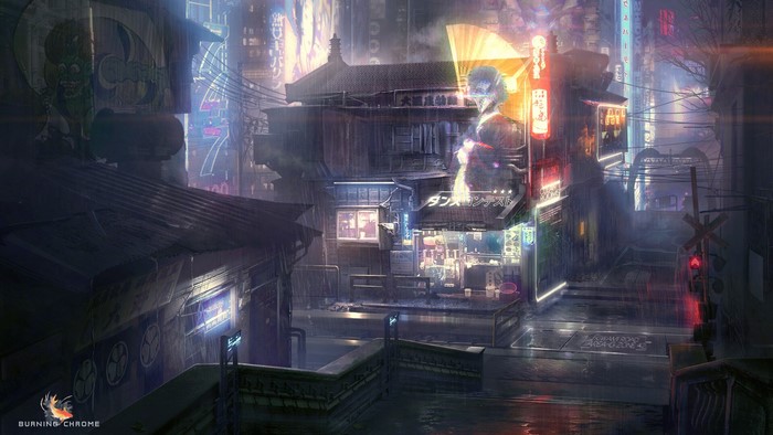 Cyberpunk city street with neon lights and rain