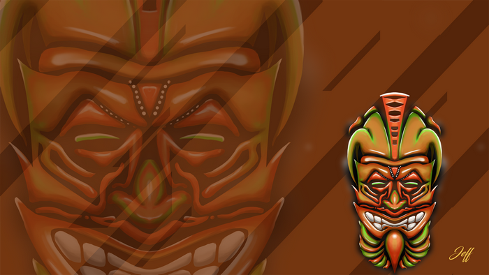 Tiki mask with glowing eyes and stars