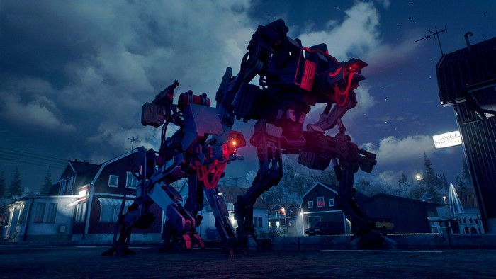 Generation Zero robot in a town at night