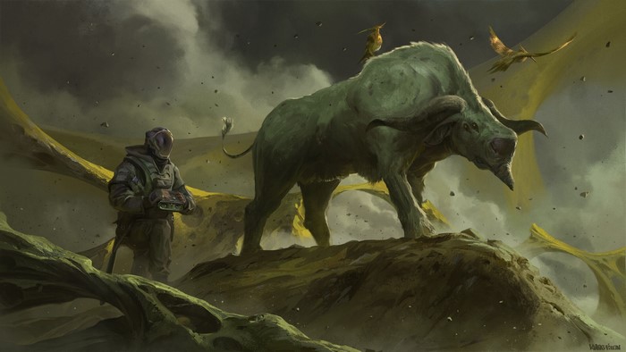 Scientist observing a green buffalo with birds in a desolate landscape