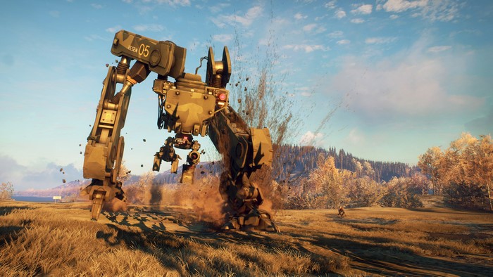 Generation Zero robot in a field with explosions
