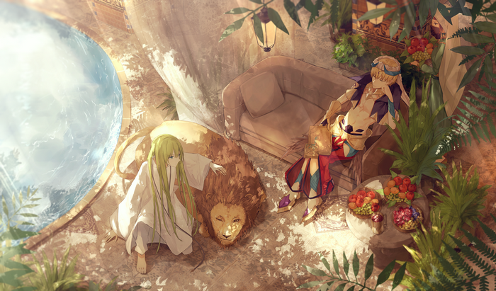 Enkidu and Gilgamesh from Fate/Grand Order with a lion
