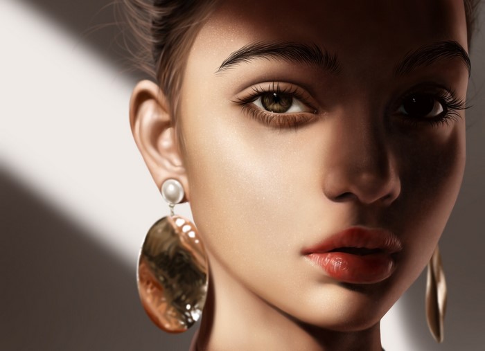 Artwork of a woman's face with makeup and earrings