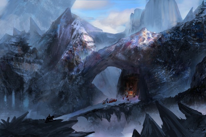 Fantasy artwork of a mountain pass with a cave entrance