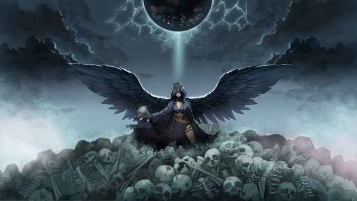 Winged figure holding skull over pile of bones