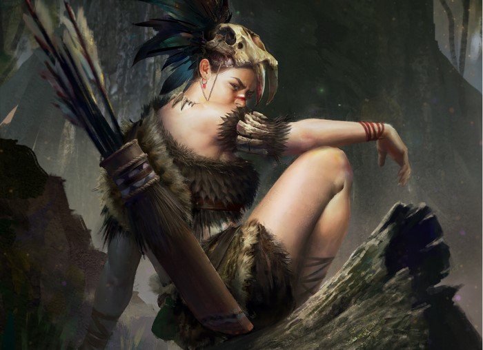 Fantasy warrior woman with skull headdress and arrows