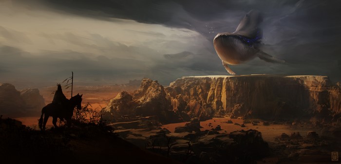Fantasy art of a Native American on horseback and a whale in the sky