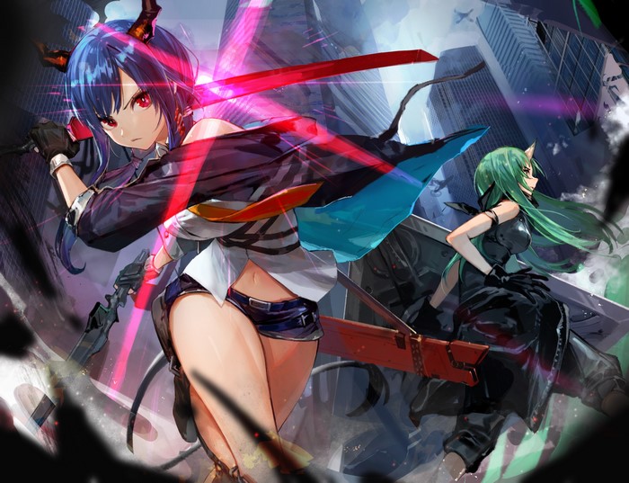 Chen and Hoshiguma from Arknights in a city