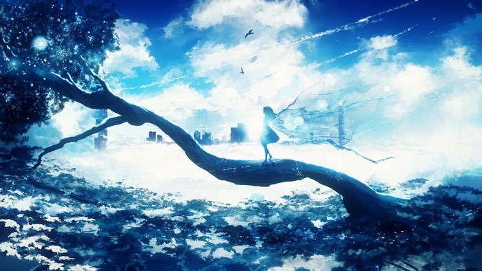 Anime girl with wings on a tree branch overlooking a city