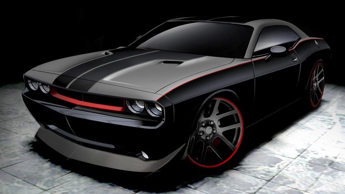 Black Dodge Challenger with red accents