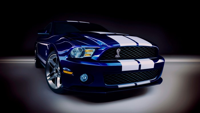 Blue Ford Mustang Shelby GT500 with white stripes