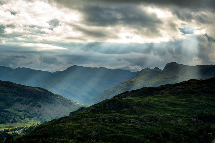 Sun rays over mountains in England