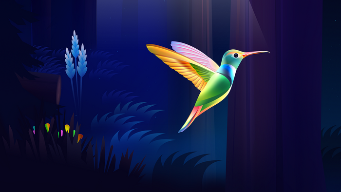 Hummingbird flying in a dark forest