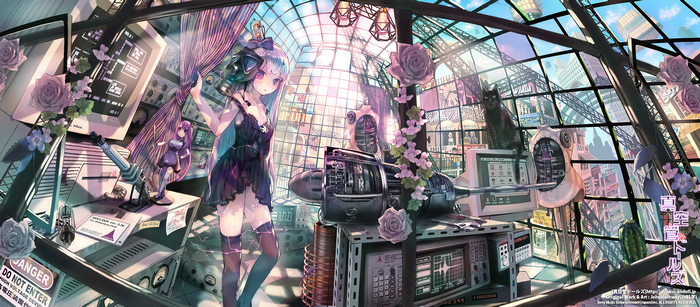 Anime girl in laboratory with cat and flowers