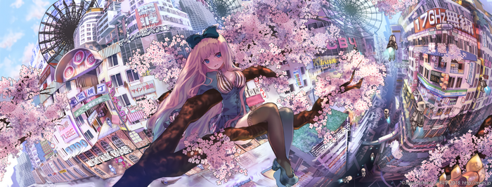 Anime girl with pink hair in a cherry blossom cityscape