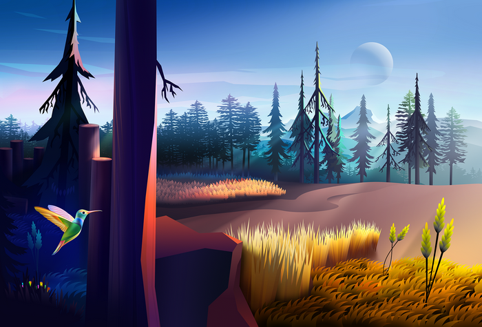 Hummingbird in a colorful forest landscape with a moon